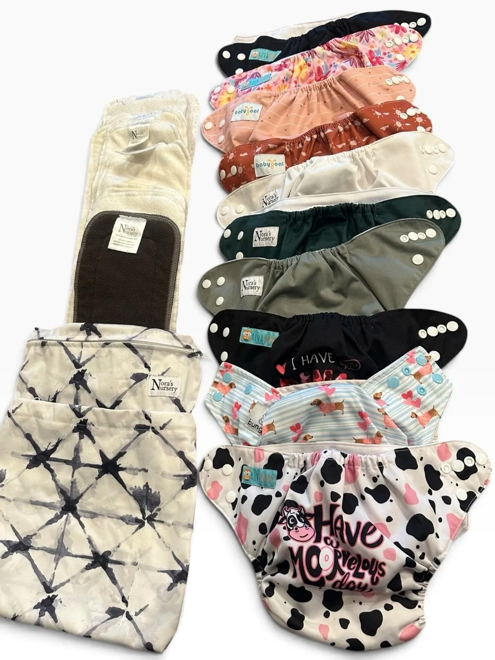 Cloth Diapers 10 with 13 Inserts and Wet Bag - Multi Color